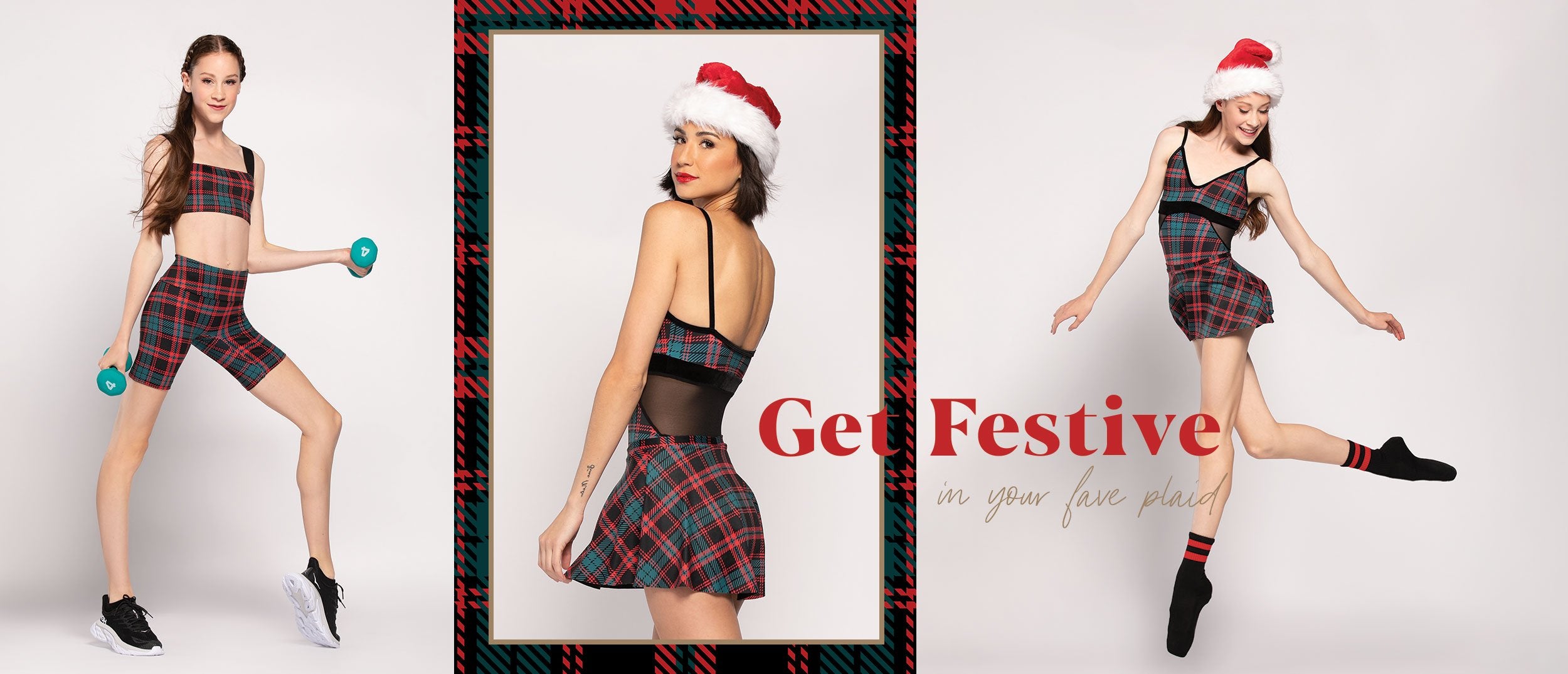 Model showcasing Christmas plaid leotard, skirt, crop top & pants