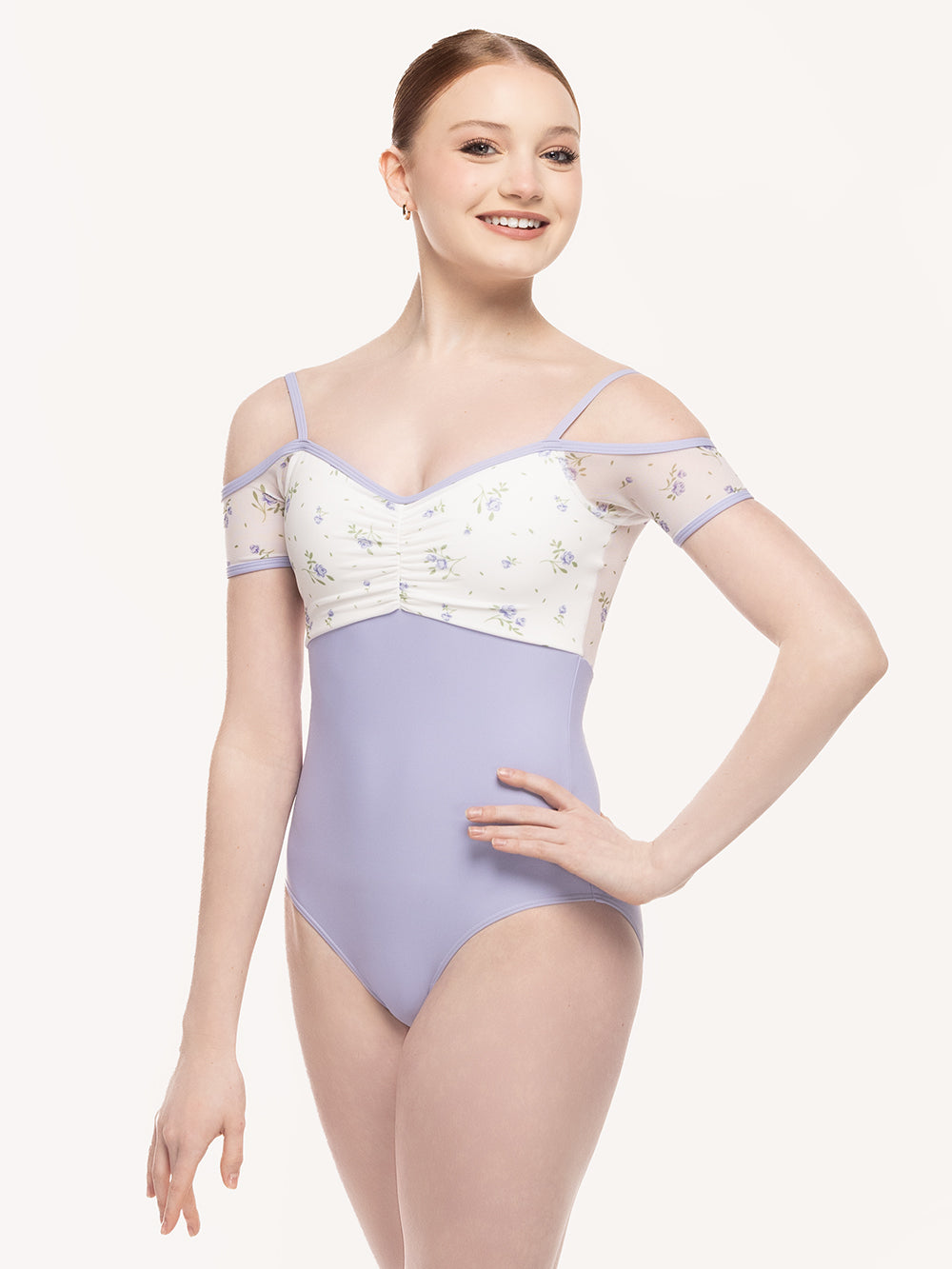 Eleve Dancewear Lola Leotard Kids in  Baby's Breath print and lavender color, torso front view.