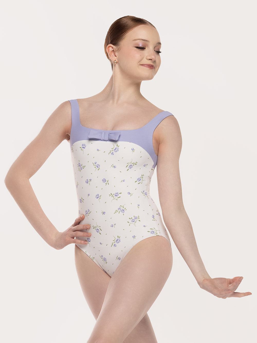 Eleve Dancewear Cindy Leotard in Baby's Breath print, front diagonal view.