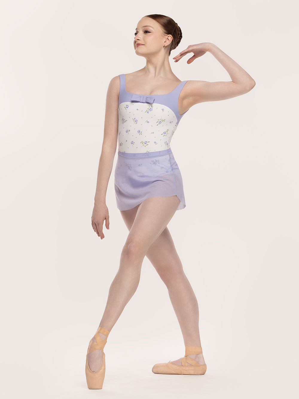 Eleve Dancewear Cindy Leotard Kids in Baby's Breath print, full front view with dancer posing on four.