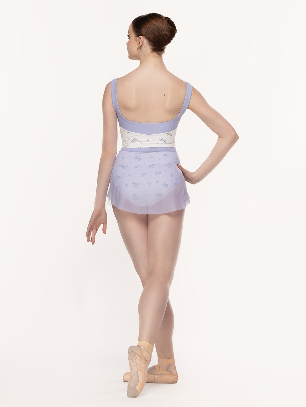 Eleve Dancewear Cindy Leotard Kids in Baby's Breath print, full body back view.