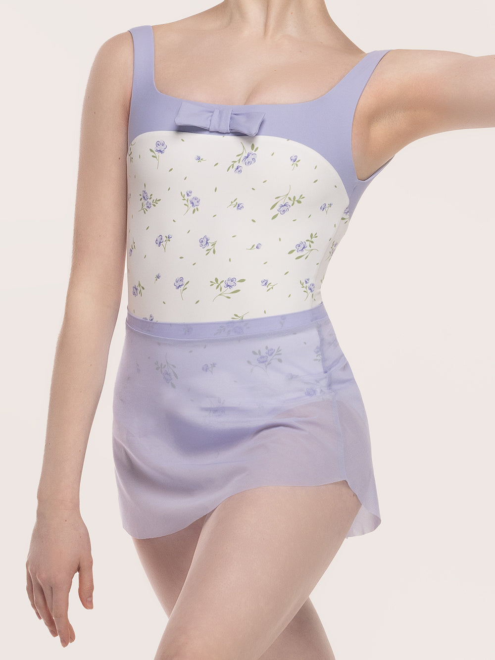 Eleve Dancewear Cindy Leotard Kids in Baby's Breath print, front close view of torso.