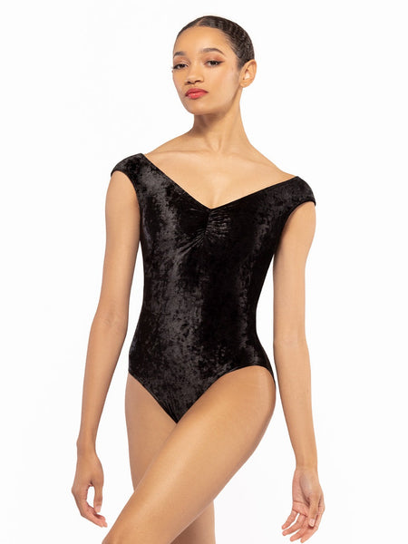 Dancer is facing front, wearing Sophia Leotard Black Crushed Velvet RTW.