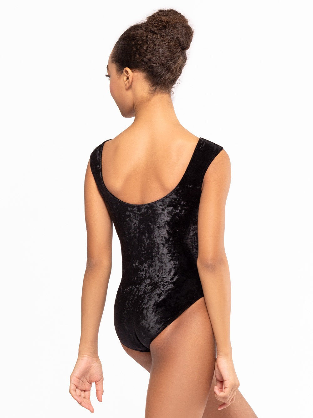 Dancer is facing back, wearing Sophia Leotard Black Crushed Velvet RTW.