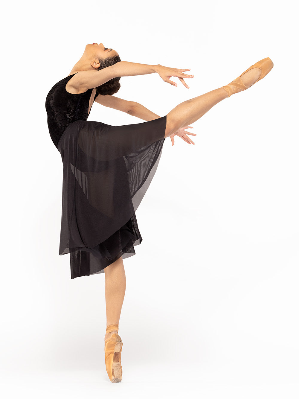 Dancer in arabesque wearing a Circle Skirt Black Mesh RTW with Sophia Leotard Black Crushed Velvet RTW.