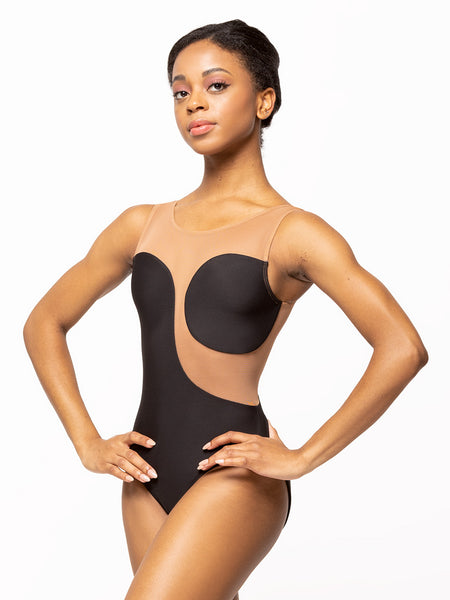 Model is wearing black dance bodysuit with light brown nude mesh back, middle, and straps.