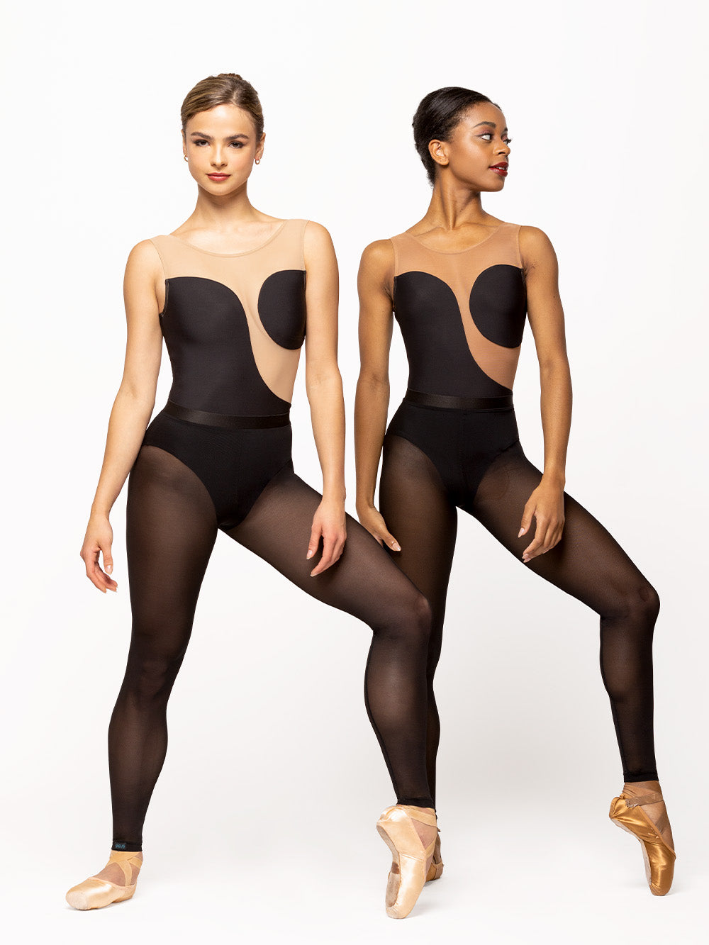 Models are wearing black mesh ballet tights with elastic waistband and back seam. Paired with black bodysuit with beige and light brown mesh panels.