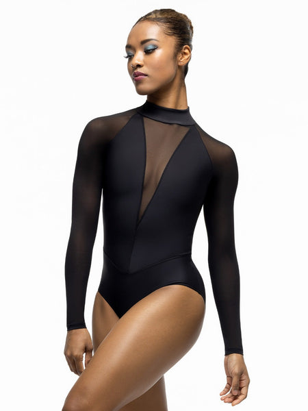 Model is wearing solid black leotard with mock neck collar, open keyhole back, and black mesh deep V and long sleeves.