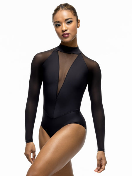 Model is wearing solid black leotard with mock neck collar, open keyhole back, and black mesh deep V and long sleeves.
