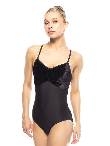 Dancer is facing front, wearing a Mackenzie Leotard Black Crushed  Velvet RTW.