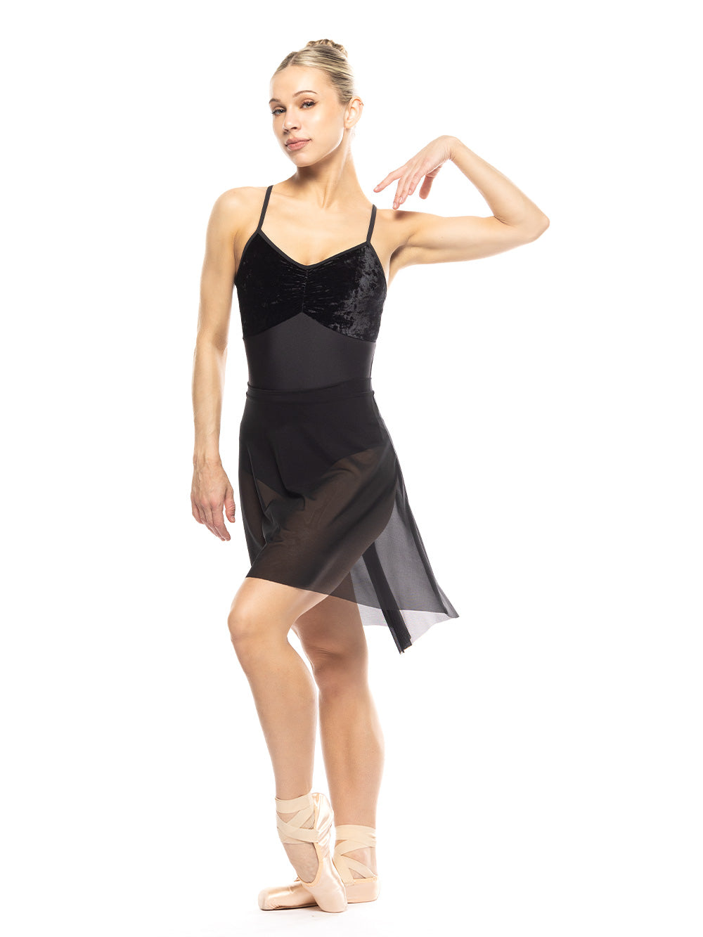 Dancer is facing front with left leg crossed in front on point, wearing a Mackenzie Leotard Black Crushed  Velvet RTW.