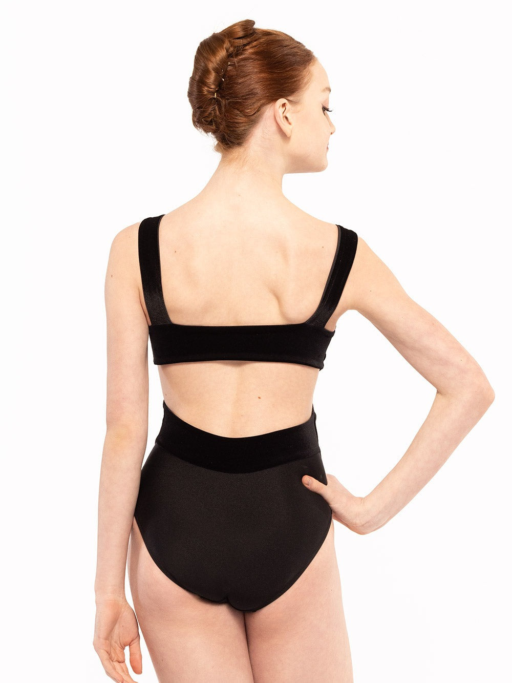Dancer face back showing back detail of the Jackie Leotard Black Velvet RTW.