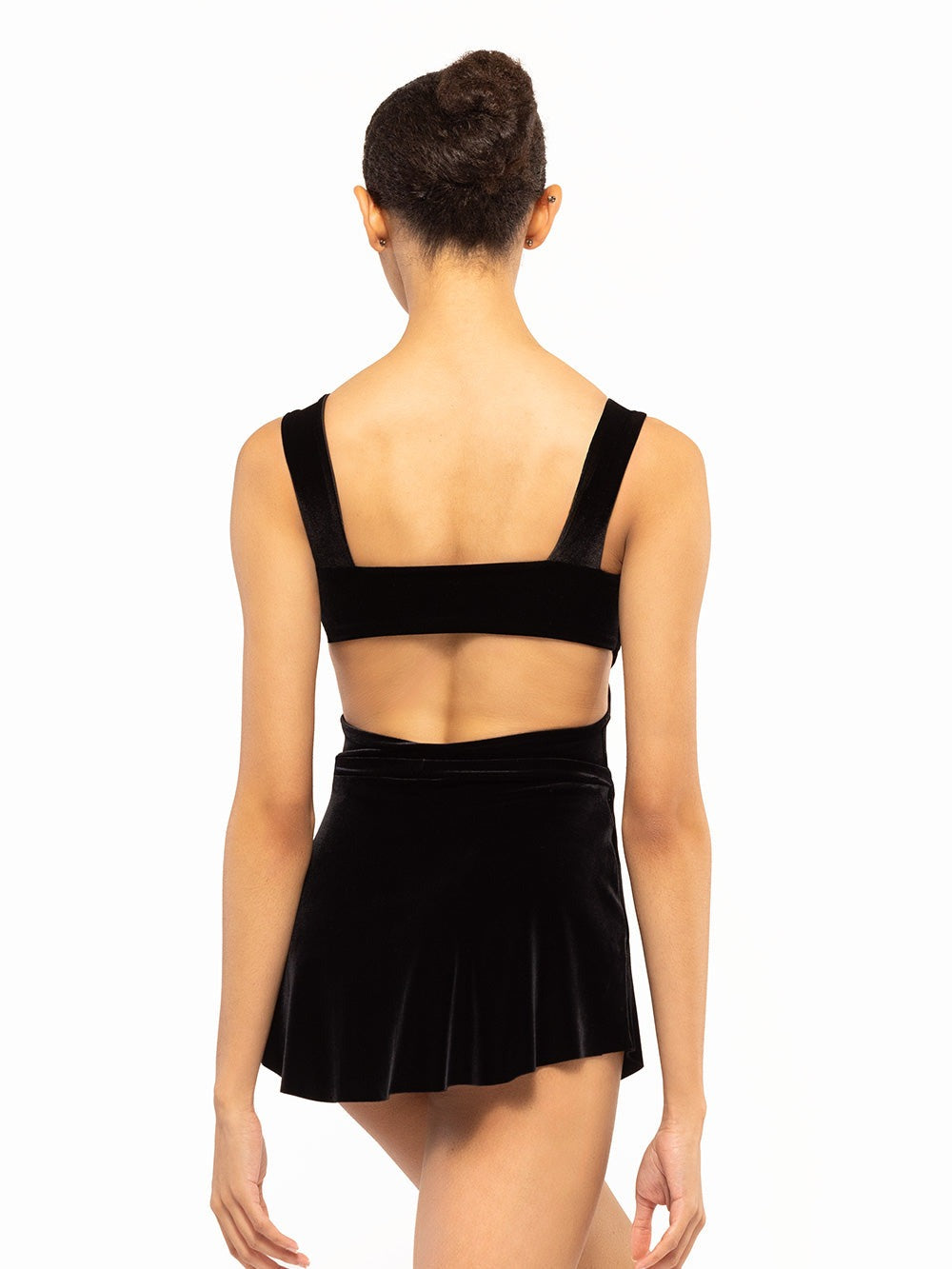 Dancer is facing back showing a back detail of the Jackie Leotard Black Velvet RTW.