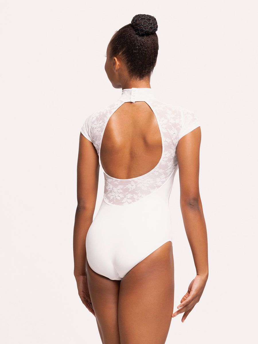 【pharfaite】Chic Ribbon Lace Leotard Elevé Dancewear Girls White Lace Leotard Cap Sleeves & High Neckline