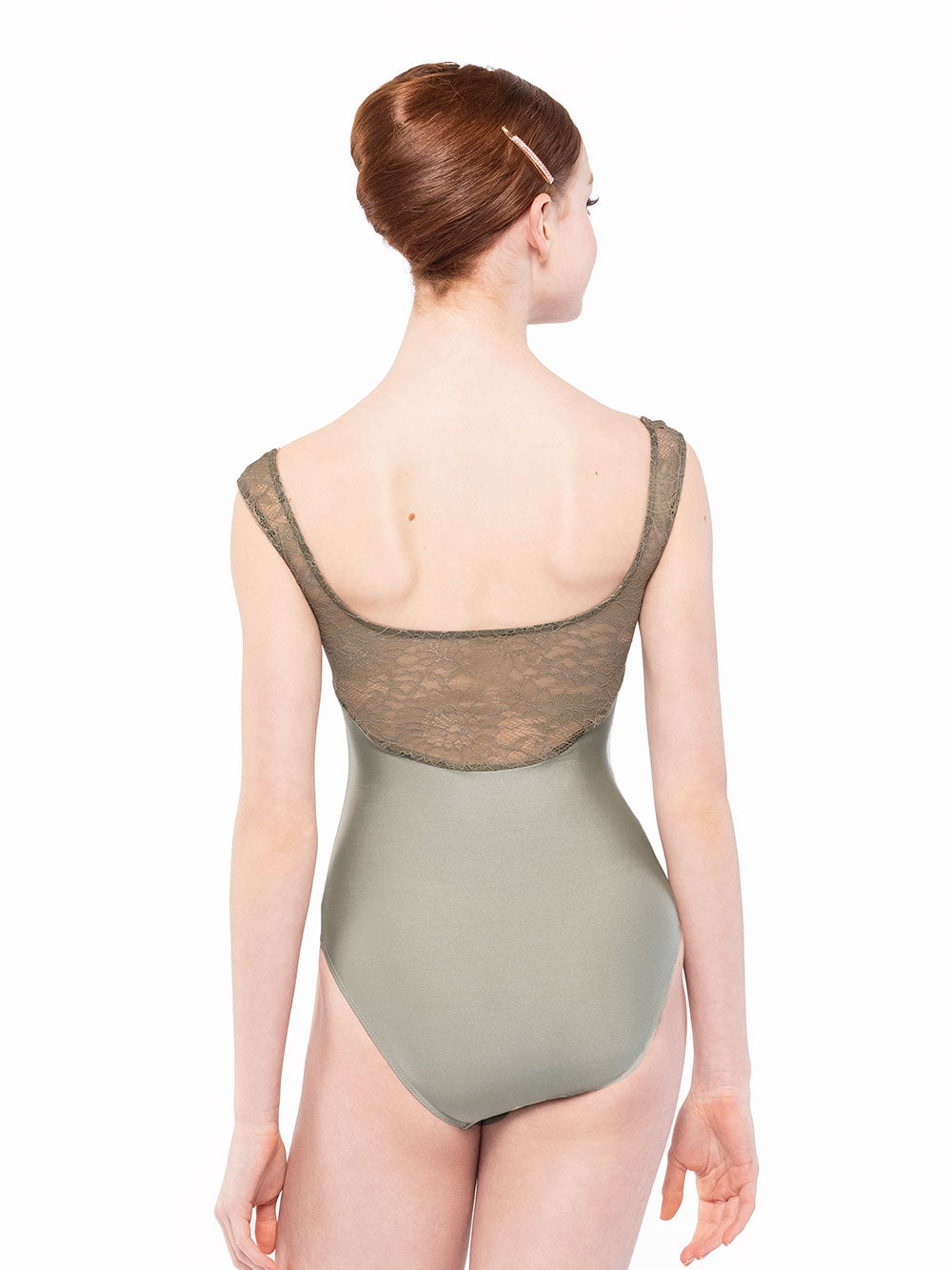 Facing back with both arms resting down, dancer is wearing a Audrey Leotard Endless Love RTW.