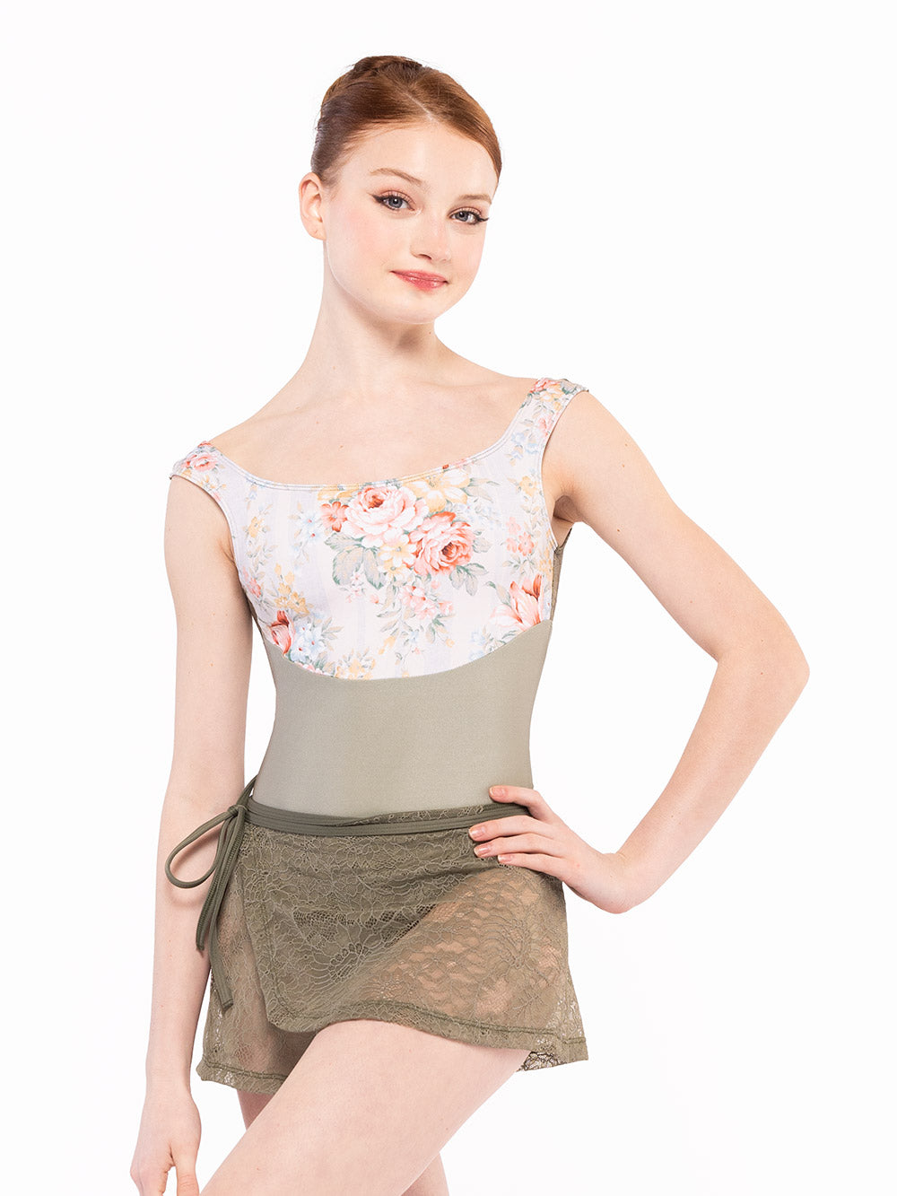 Dancer is facing front with one hand on the hip, wearing a Audrey Leotard Endless Love RTW.