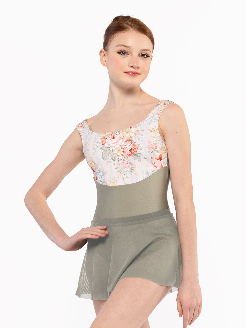 Dancer is facing front with one hand on the hip, wearing a Audrey Leotard Endless Love RTW.