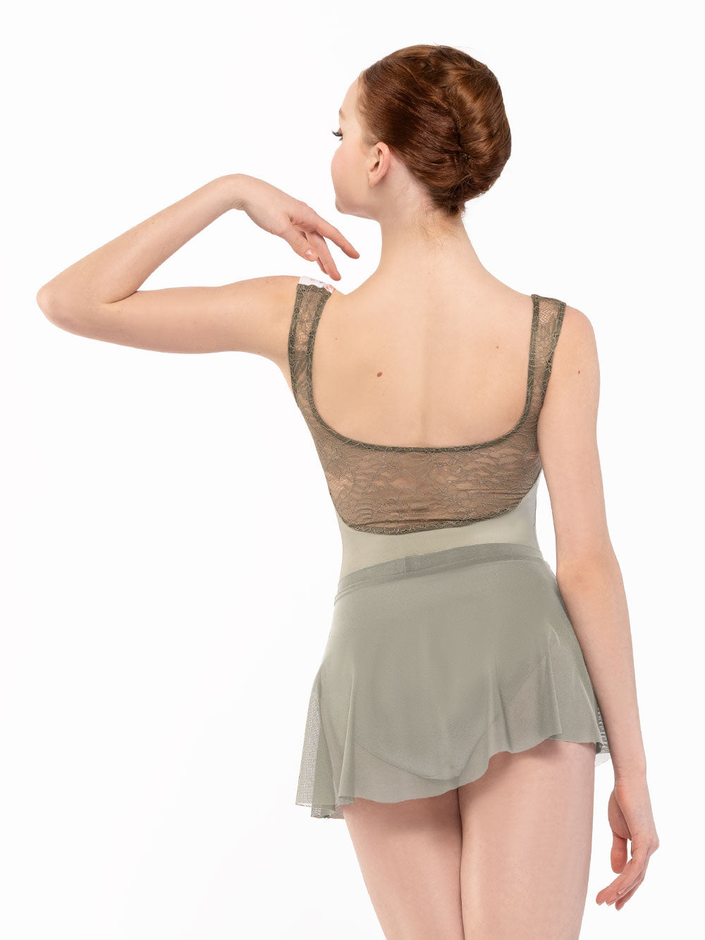 Dancer is facing back with one arms on side to the shoulder, wearing a Audrey Leotard Endless Love RTW.