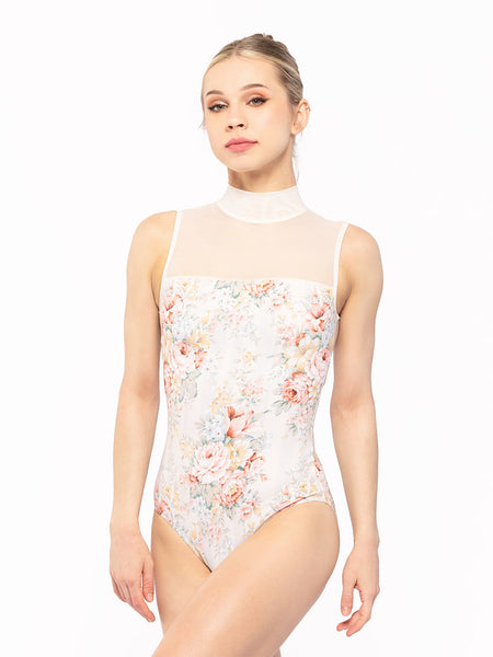 Dancer is facing front, wearing a Elizabeth Leotard Endless Love RTW.