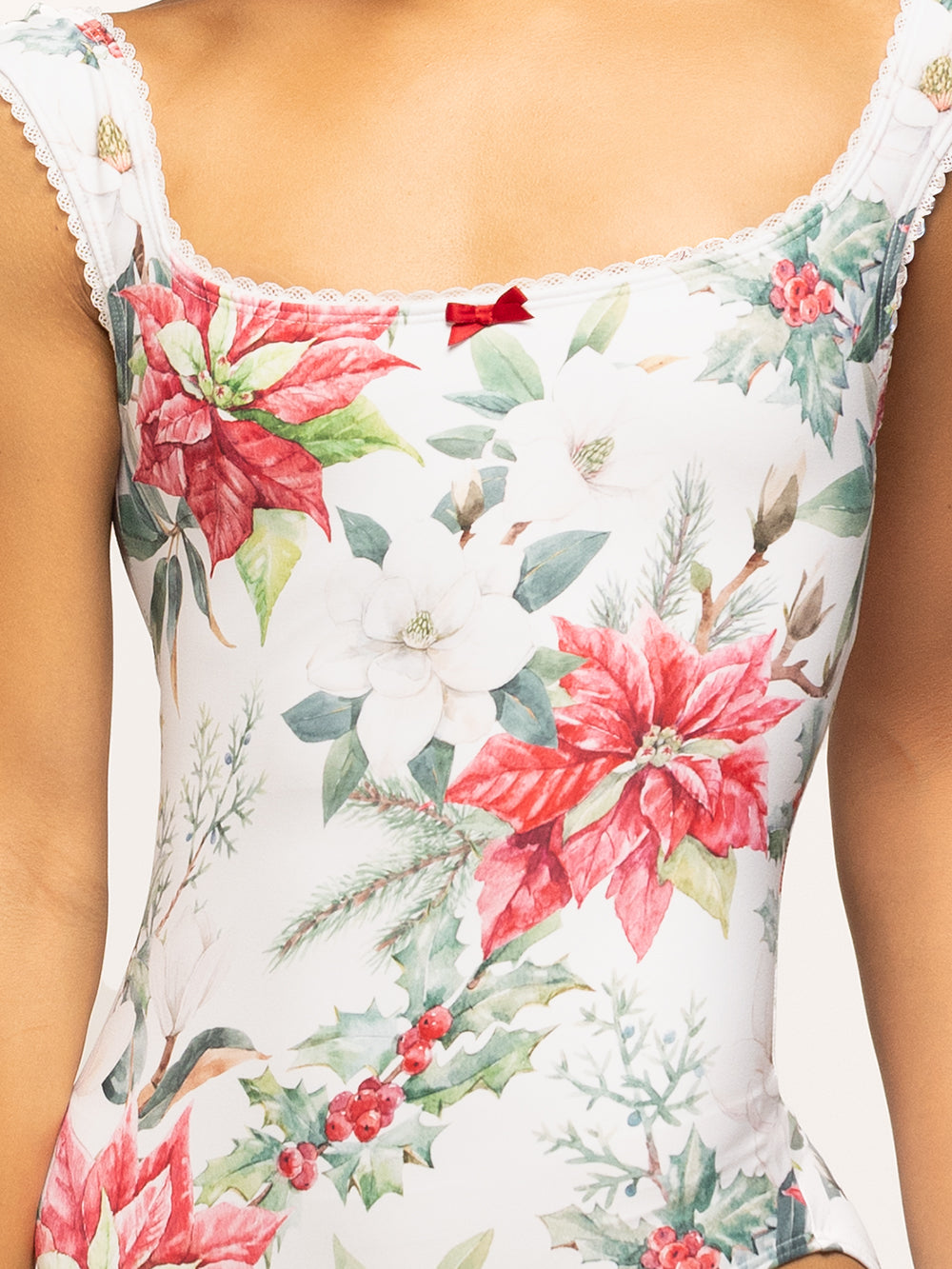 Eleve Dancewear Lina Leotard in Fleur De Noel Custom Print, front close view of fabric detail.