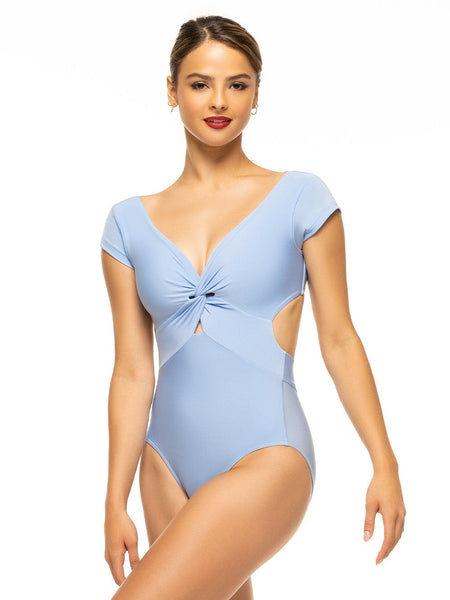 Model is wearing shiny baby blue bodysuit with a deep v, front twist, open back, and cap sleeves.