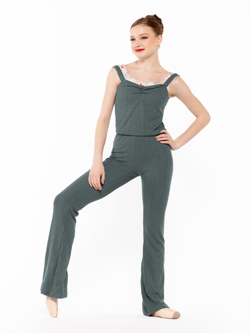 Eleve Dancewear in Forest color design Deven Unitard Knit front view of dancer posing.