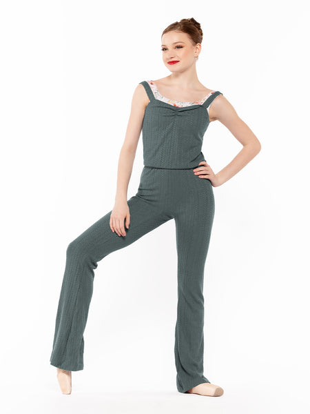 Eleve Dancewear in Forest color design Deven Unitard Knit front view of dancer posing.