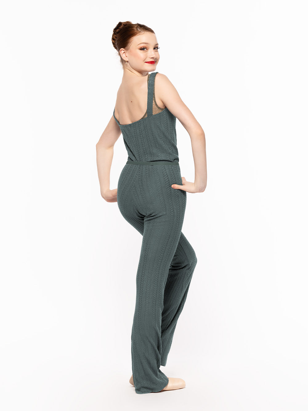 Eleve Dancewear in Forest color design Deven Unitard Knit back view of dancer posing.