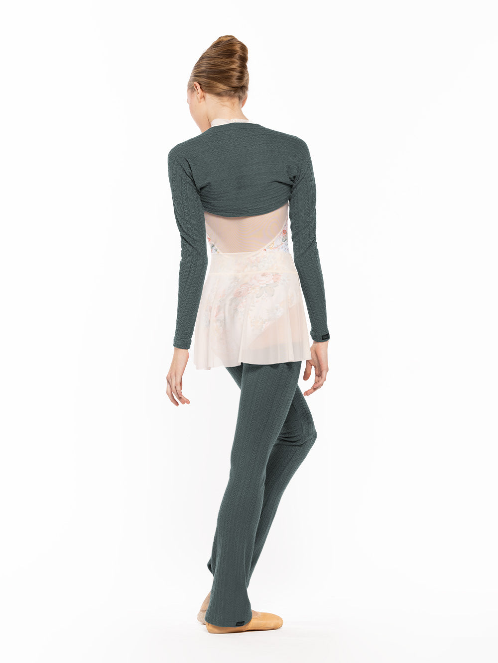 Eleve Dancewear in Forest color design Thigh High Leg Warmers Knit back view of dancer posing.