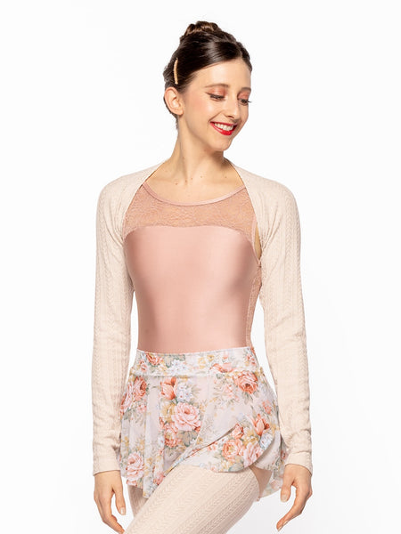 Eleve Dancewear in Oatmeal color Shrug Knit Kids Wrist Length Sleeve front view.