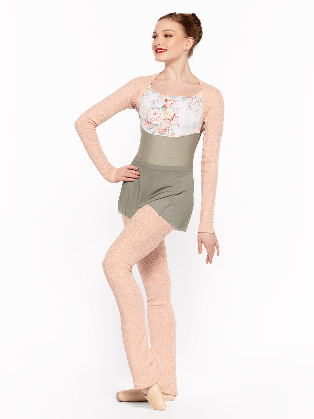 Eleve Dancewear in Rosewater color design Shrug Knit Kids full body front view of dancer posing.