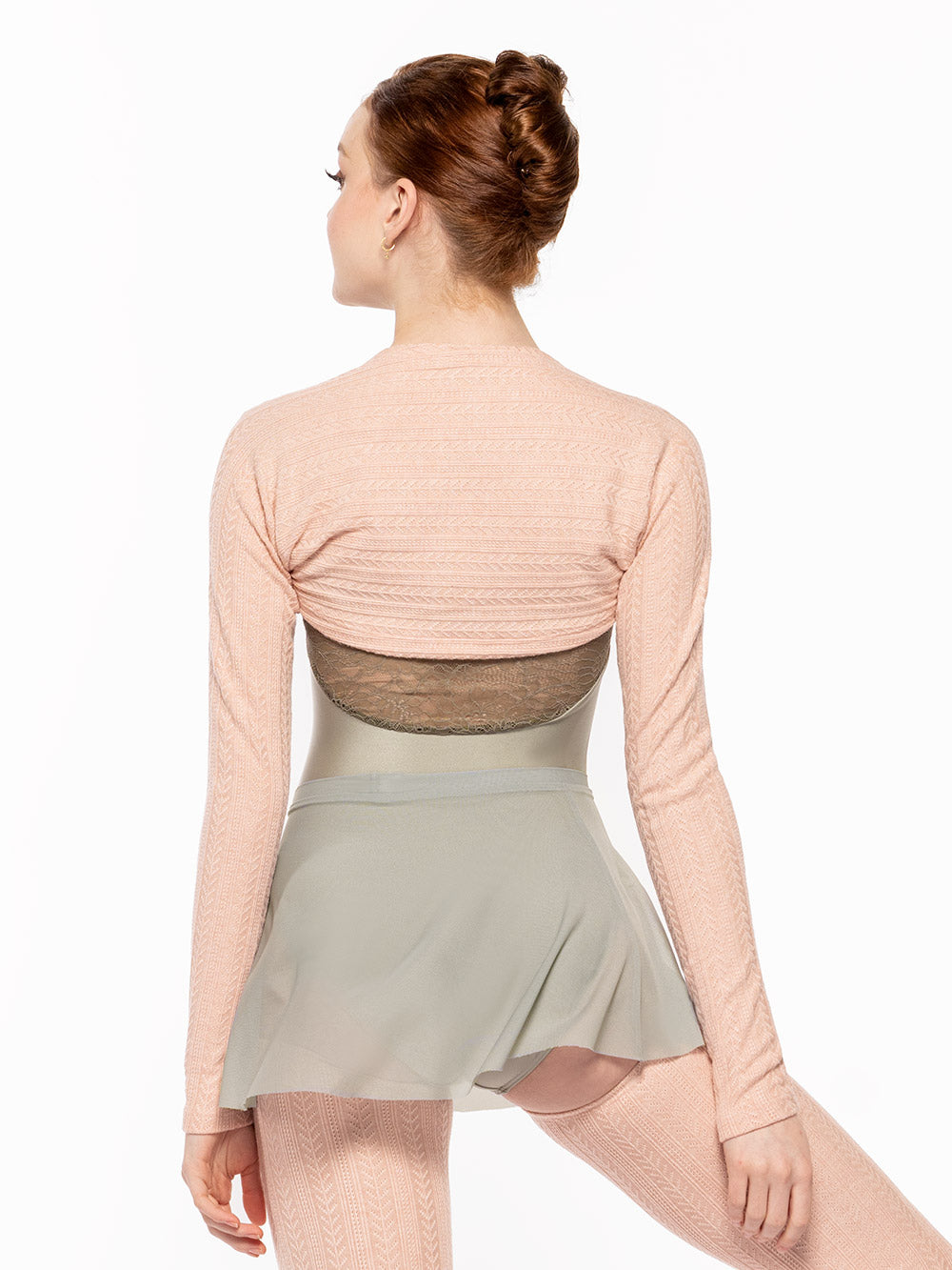 Eleve Dancewear in Rosewater color design Shrug Knit Kids back view of dancer posing.