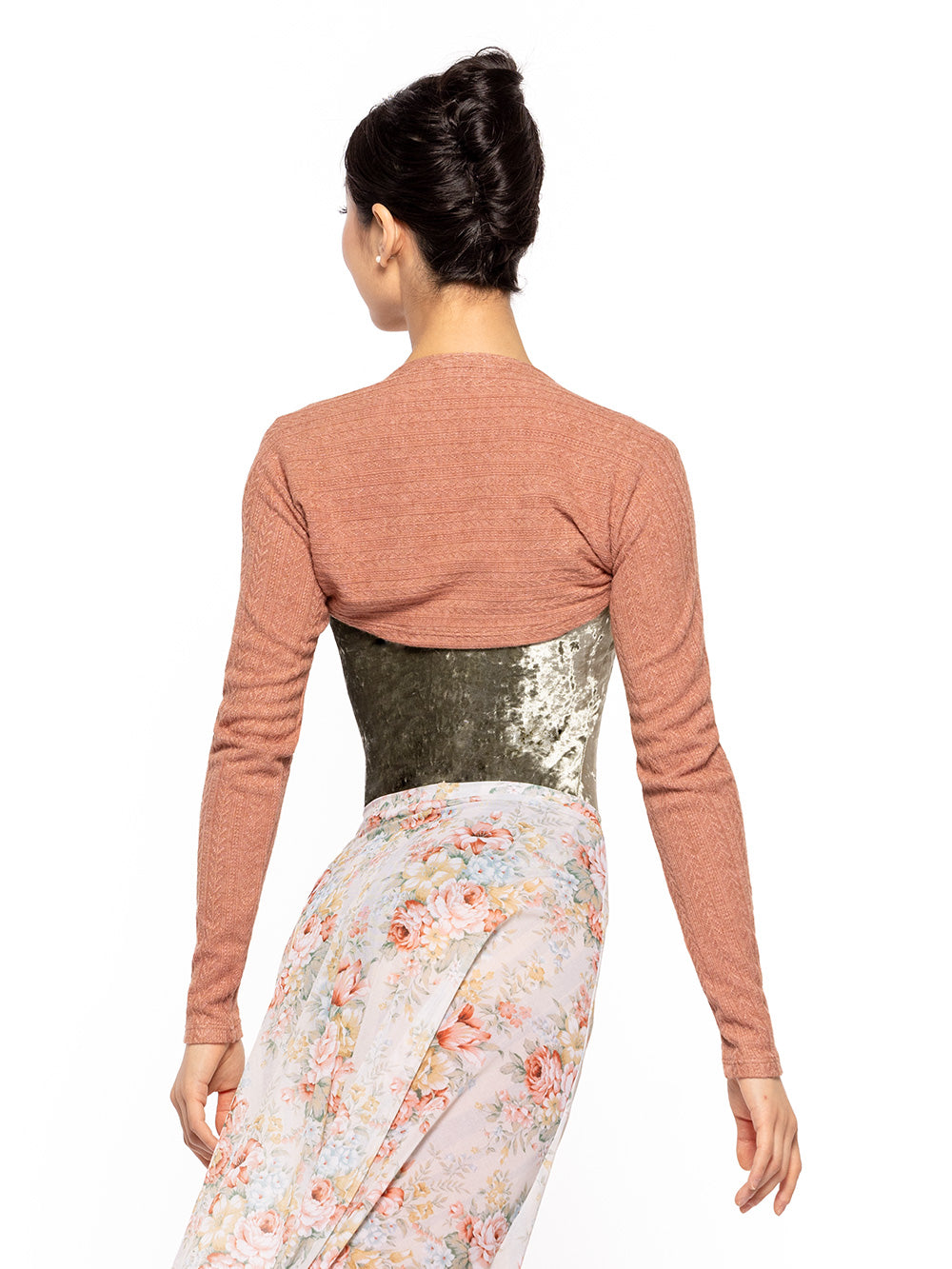 Dancer is facing backwards, wearing a Knit Shrug Thigh High Leg Warmers Sandstone with a Dusty Olive Crushed Velvet Sophia Endless Love Mesh Long HL Skirt RTW.
