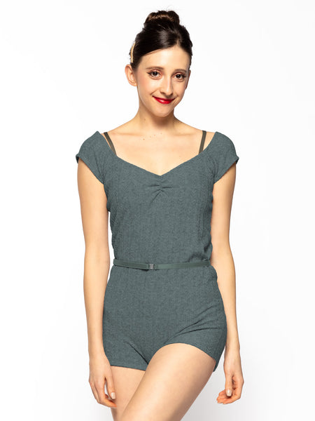 Eleve Dancewear in Forest color design Simone Shortie Knit Kids front view of dancer posing.
