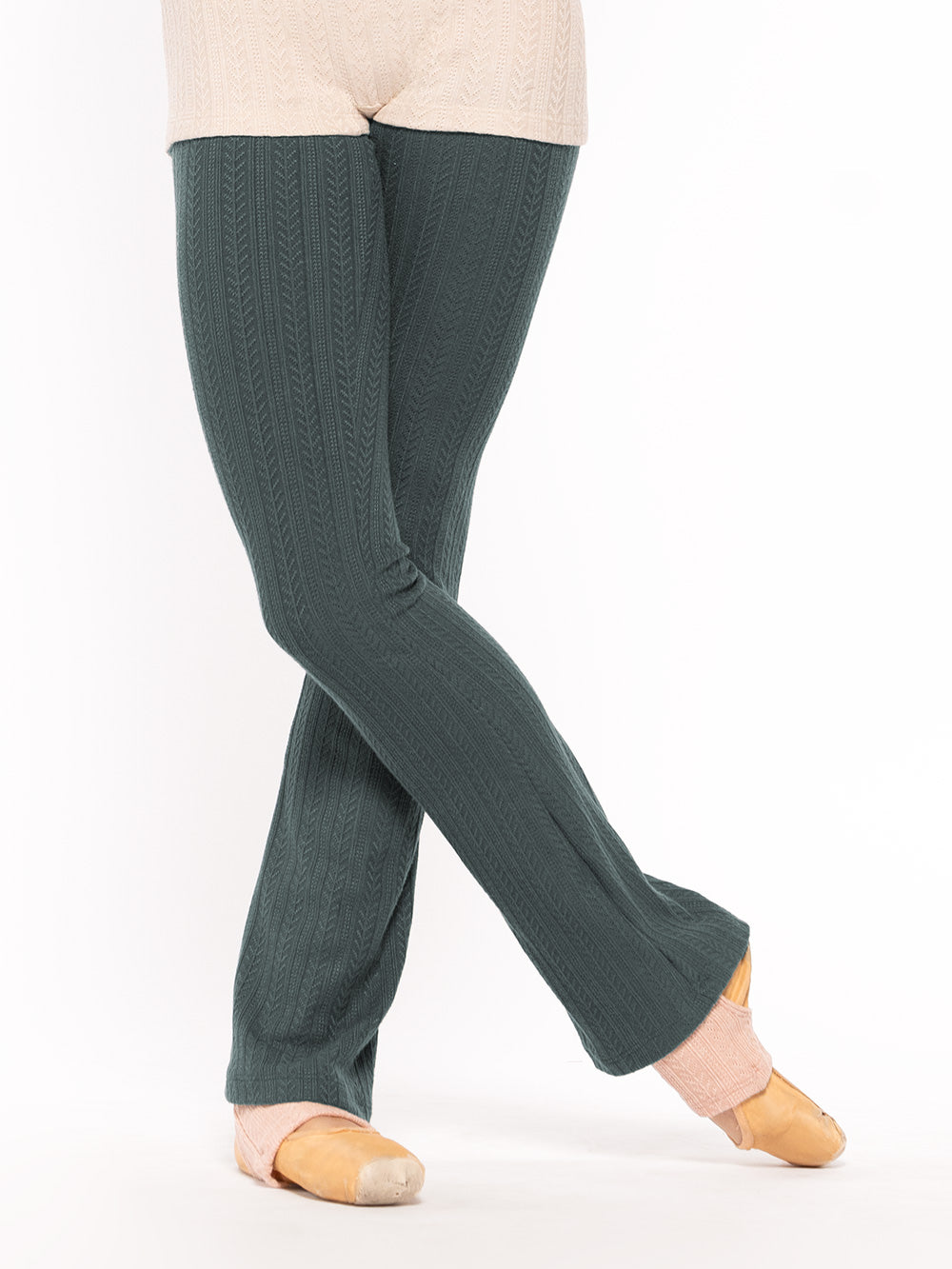 Eleve Dancewear in Rosewater color design Stirrup Leg Warmers Ankle Knit Kids front close view of a dancer's legs.