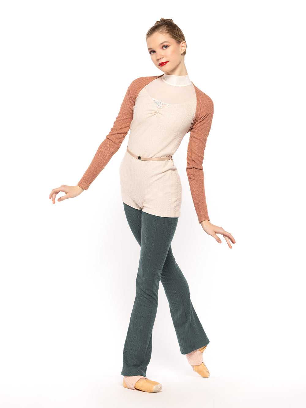Eleve Dancewear in Forest color design Thigh High Leg Warmers Knit Kids front view of dancer posing standing on tendu derriere.
