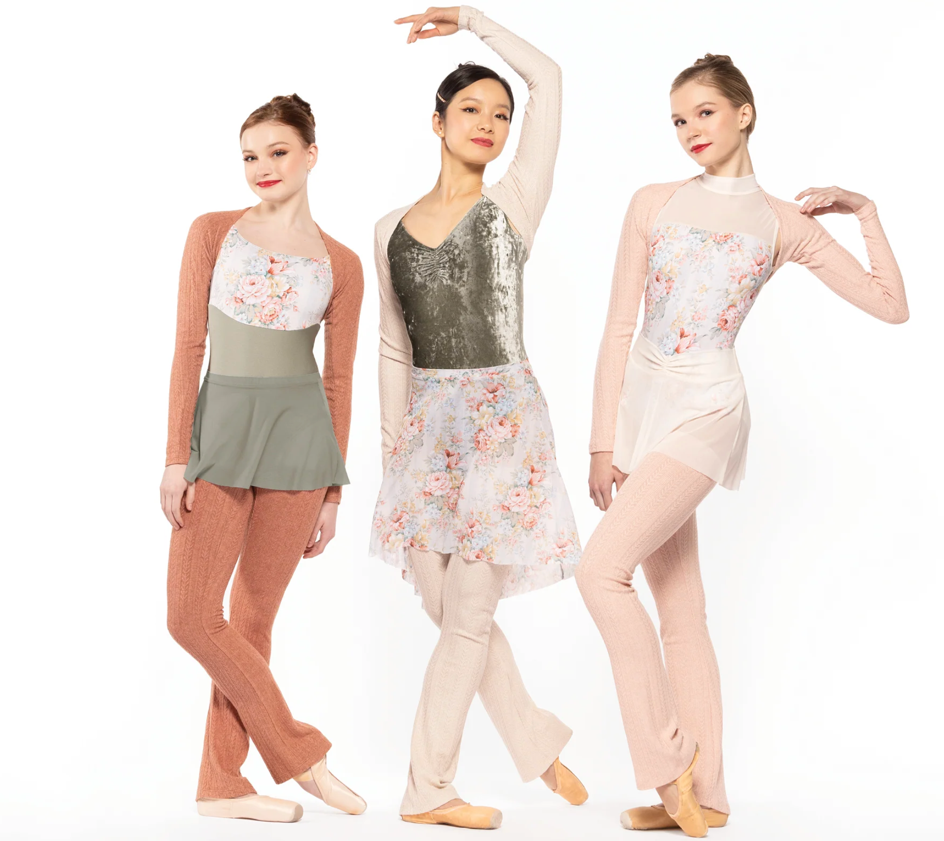 Three dancers pose, wearing the Long High-Low Skirt Endless Love Mesh RTW.