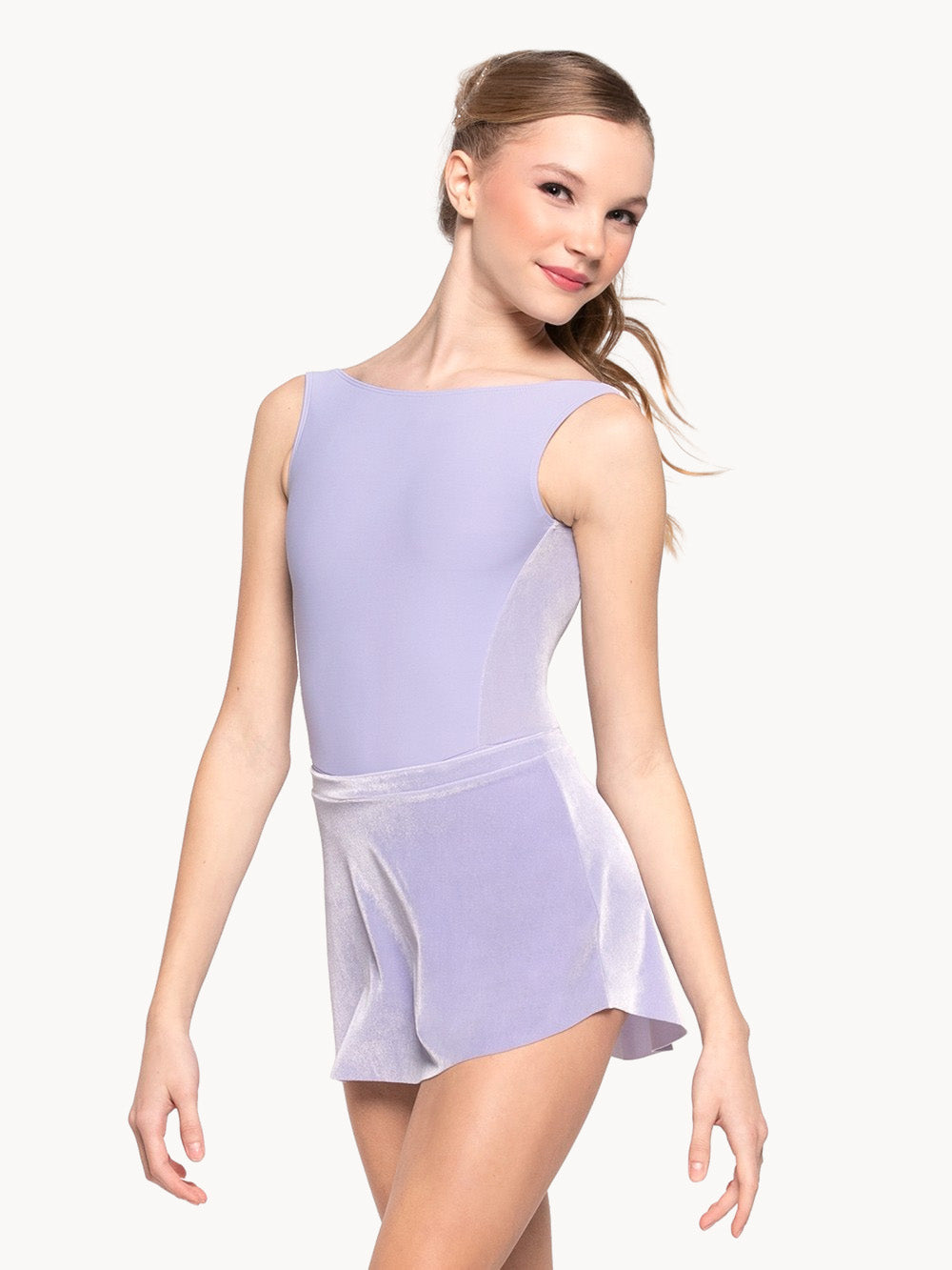 Eleve Dancewear Allison Kids Velvet Leotard in Lavender color, front-diagonal view.
