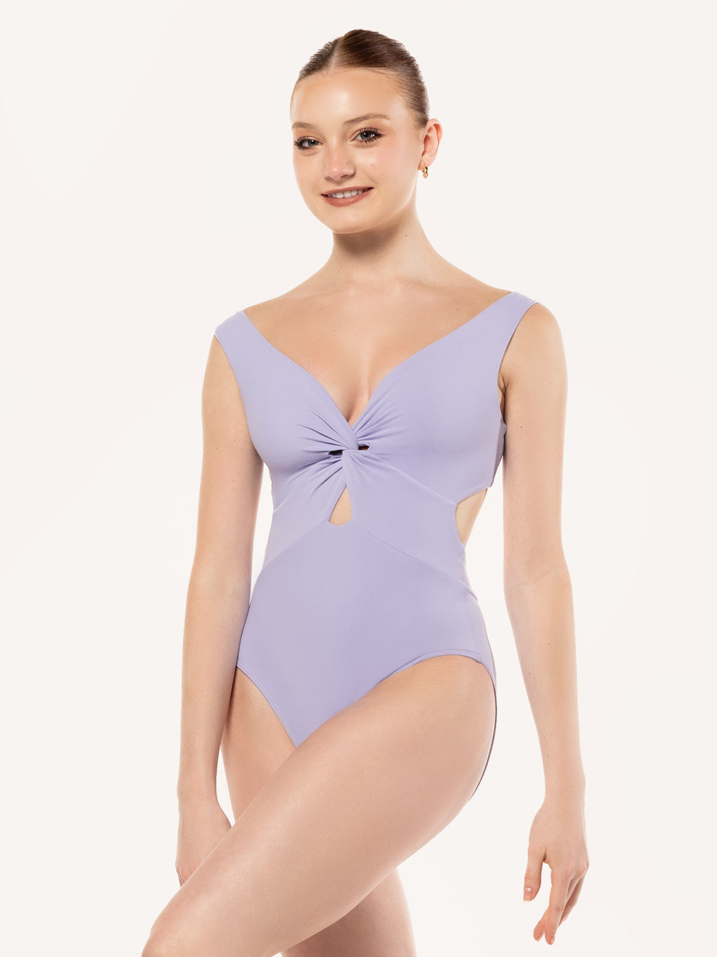 Eleve Dancewear Jackie Leotard in Lavender color, front torso view of dancer posing.