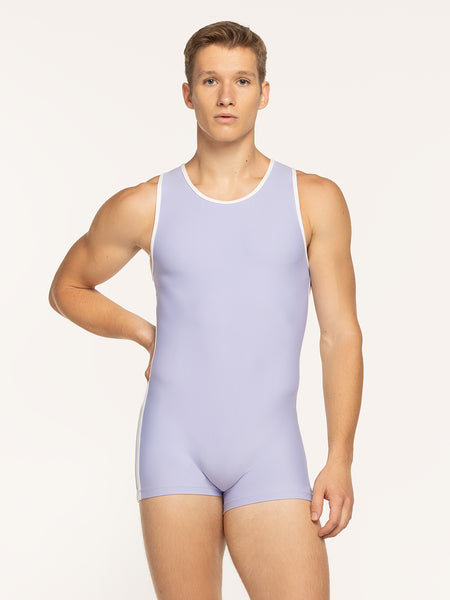 Eleve Dancewear Travis Biketard in Lavender color with front view of model posing.