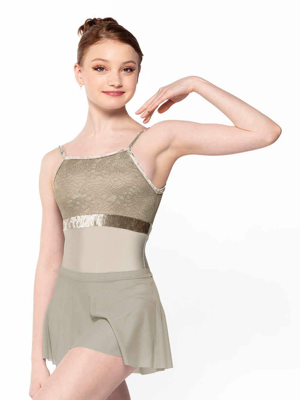 Dancer is facing front with one arm on the shoulder and one leg crossed in front wearing aElla Leotard Mercury Dusty Olive Lace RTW