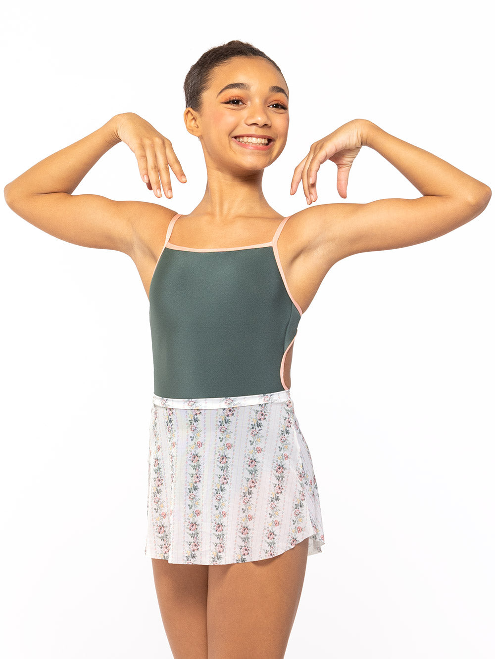 Dancer is facing front with both arms on the shoulders, wearing a Candy Leotard Plate Cacti RTW.