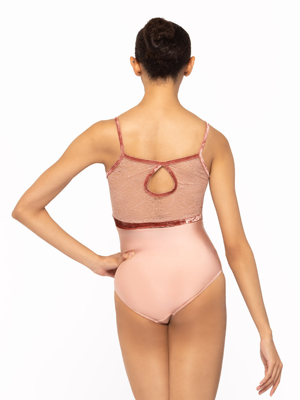 Back detail of the Ella Leotard Rosewater Lace Kids RTW while the dancer face back.