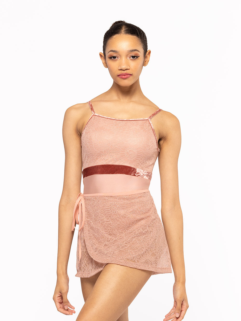 Dancer is facing front showing the Vienna Short Wrap Skirt Rosewater Lace RTW.