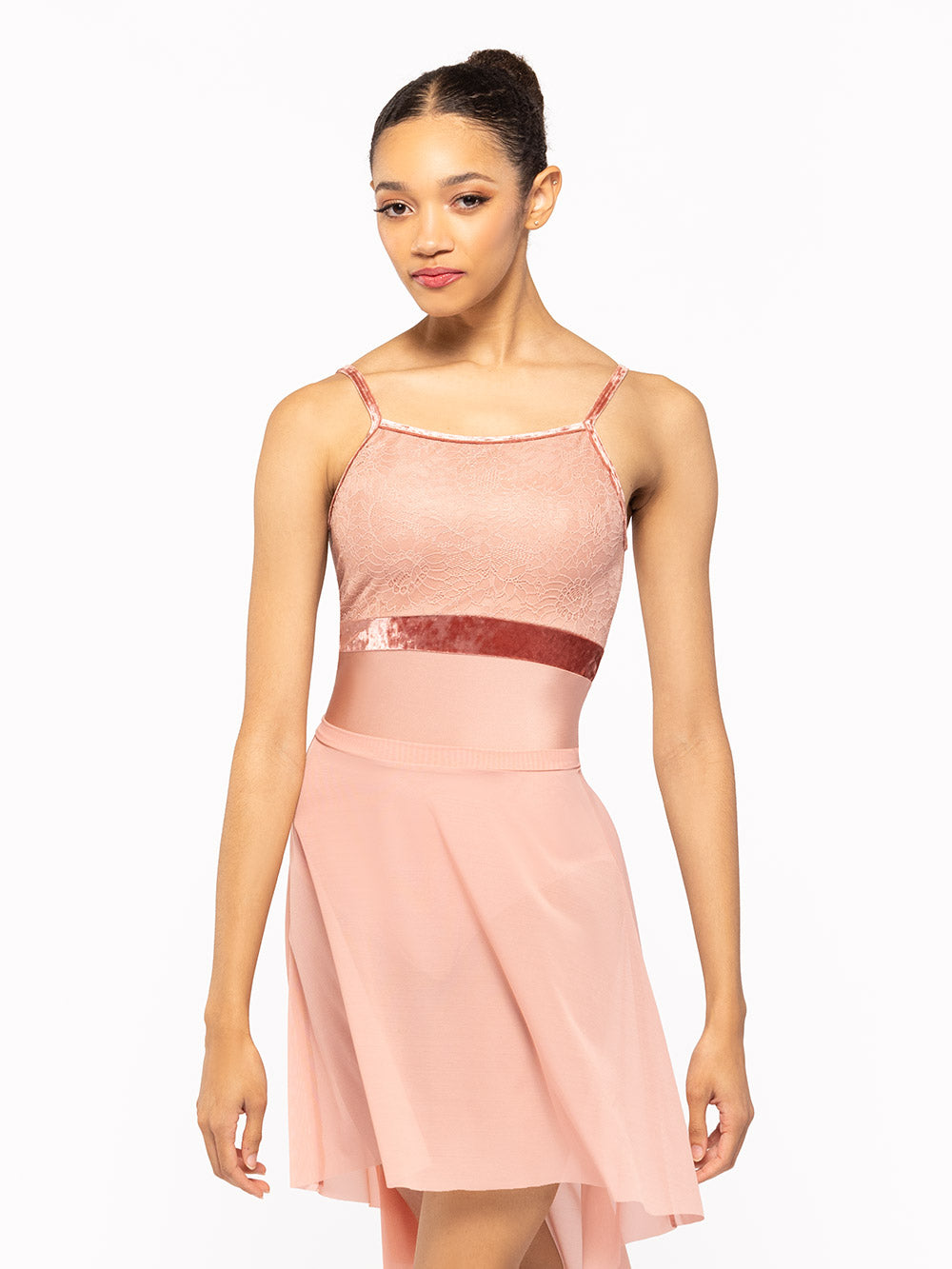 Dancer is facing front, wearing the Ella Leotard Rosewater Lace Kids RTW.