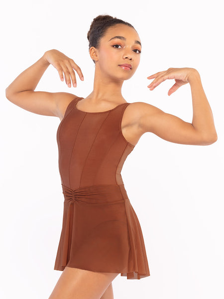 Dancer is facing front with both arms to the shoulders, wearing a Amora Skirt Spice Mesh RTW.