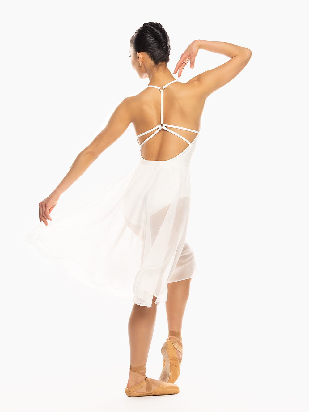 Eleve Dancewear Chiffon Rehearsal Skirt Stage Kids in White color, back full view of dancer posing.