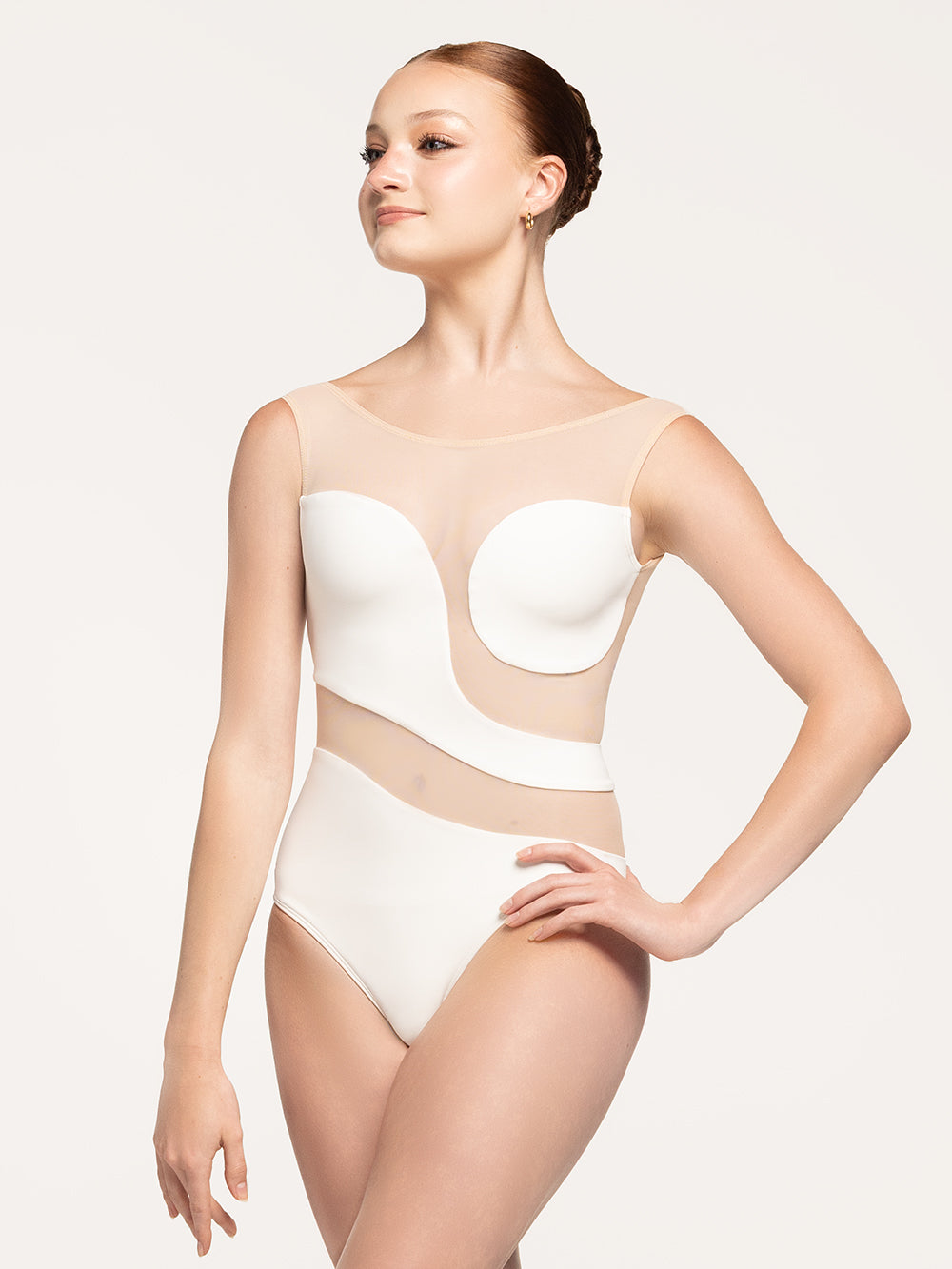 Eleve Dancewear Lunata Leotard Kids in Stage White Sand color with front view.