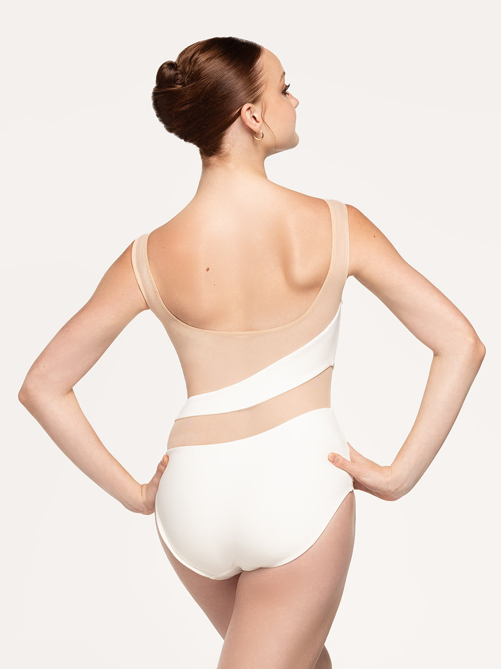 Eleve Dancewear Lunata Leotard in Stage White Sand color with back view of model posing.