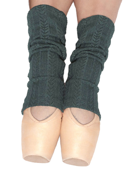 Eleve Dancewear in Forest color design Stirrup Leg Warmers Ankle Knit Kids close up view of ankles.